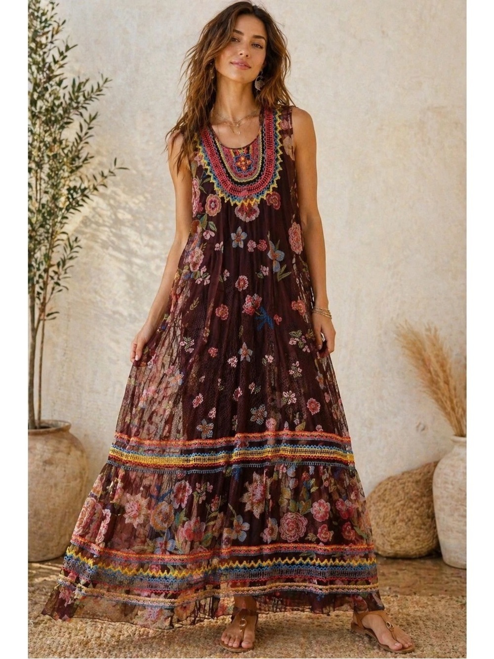 Johnny Was Biya Women’s Mesh Maxi Dress Sleeveless Boho Embroidered Floral S